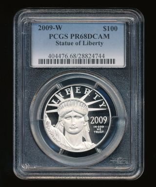 2009 - W $100 Platinum Eagle Statue Of Liberty Pcgs Proof 68 Deep Cameo (dcam) photo