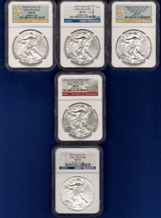 Silver Eagles 5 2010 2011,  2012,  2013,  2014 All Ngc And All Ms 70 photo