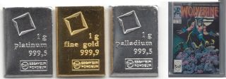 1 Gram Bar Each Of Platinum,  Gold,  & Palladium,  Plus Wolverine 1 1988 Cgc 9.  6 photo