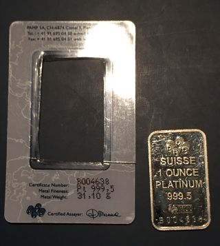 One 1oz.  Platinum Bullion Bar With Assay Card photo