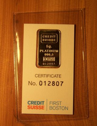 5 Gram Credit Suisse Platinum Bar.  9995 Pure photo