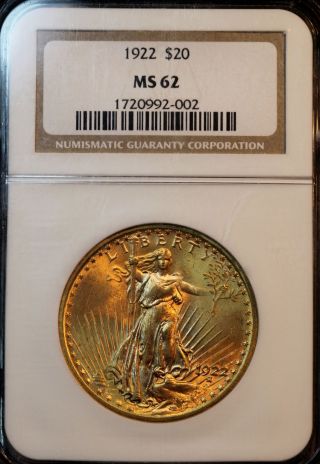 1922 $20 Gold Saint Gaudens Ngc Ms62 Lustrous Double Eagle photo