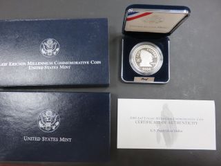 2000 - P Leif Ericson Millenium Commemorative Proof Silver Dollar Box & photo