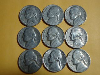 9 Different Jefferson Nickels 1952 - 1956 - D photo