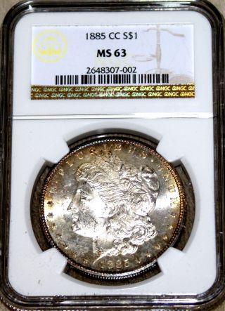 1885 Cc Morgan Dollar Coin Ngc Ms63 Ms 63 Gold Rim Toning Obverse,  Reverse photo