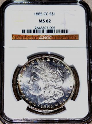 1885 Cc Morgan Dollar Coin Ngc Ms62 Ms 62 Gold Rim Toning/reverse Gold Tone photo