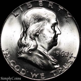 1962 Franklin Half Dollar Bu Uncirculated Luster 90 Us Silver Coin 8 photo