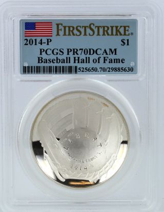 2014 - P $1 Baseball Hall Of Fame Silver Proof Pcgs Pr 70 Dc First Strike Label photo