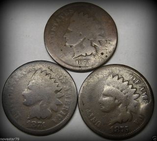 1873,  1874,  1875 Indian Head Cents/pennies (scarce Early Dates) N/r photo