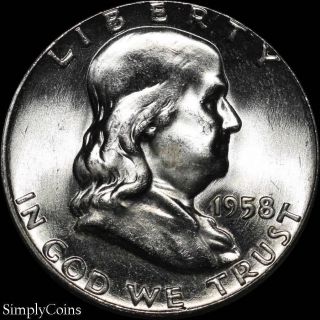 1958 Franklin Half Dollar 90 Silver 50c Bu Uncirculated Luster Us Coin 14 photo