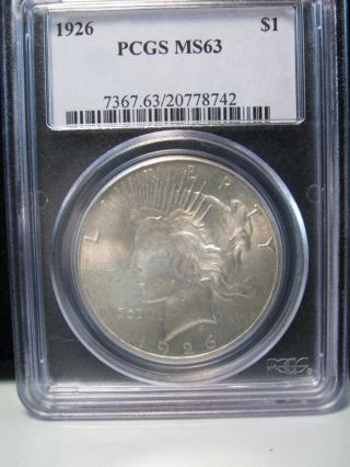 Bu Ms 1926 Silver Us Peace Dollar.  Pcgs Ms63.  Luster.  Better Date. photo