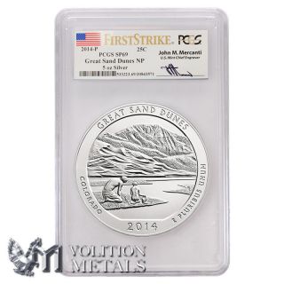 2014 P Atb Great Sand Dunes 5 Oz.  999 Silver Coin Pcgs Sp69 Fs Mercanti Signed photo