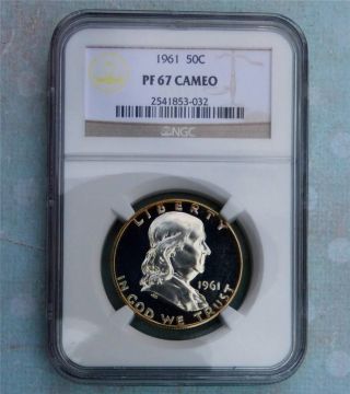 1961 Ngc Pf67 Cameo Franklin Silver Half Dollar Frosty Proof 67 Cameo Gem photo