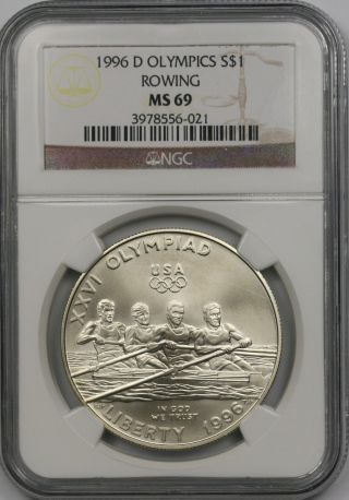 1996 - D Olympics Rowing Modern Commemorative Silver Dollar $1 Ms 69 Ngc photo