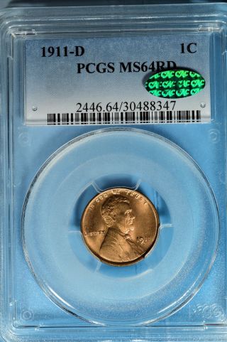 1911 - D Lincoln Wheat Cent Pcgs Ms64rd -,  Cac - Endorsed Example photo