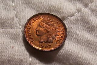 1907 Indian Head Cent: Deep Mahogony Red On Smooth Lusterous Surfaces photo