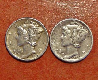 1943 P&d Mercury Silver Dimes,  Circulated Xf photo
