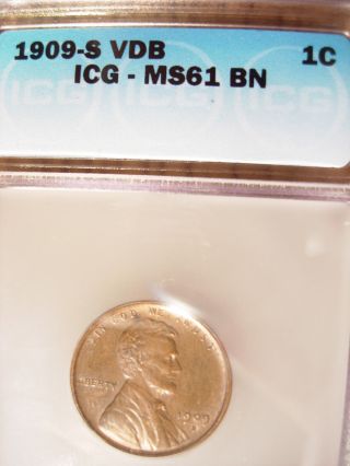1909 - S - Vdb Bu Uncirculated Icg - Ms61 Bn Key Date Lincoln Cent - Way Below photo