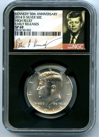 2014 D Silver Kennedy 50th Anniversary Ngc Sp69 High Relief Er Half Dollar Retro photo