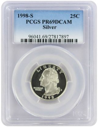 1998 - S Silver Washington Quarter Pr69dcam Pcgs Proof 69 Deep Cameo photo