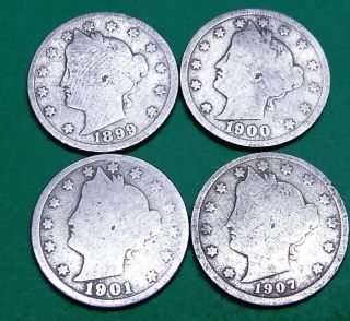 1899,  1900,  1901,  1907 V Liberty Nickels (z1 photo