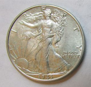 1943 Liberty Walking Half Dollar,  Uncirculated.  90 Silver.  Strong Detail photo