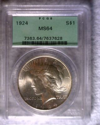1924 Peace Silver Dollar Graded Pcgs Ogh Ms64 Old Green Holder photo