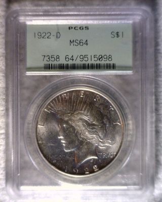 1922 - D Peace Silver Dollar Graded Pcgs Ogh Ms64 Old Green Holder photo
