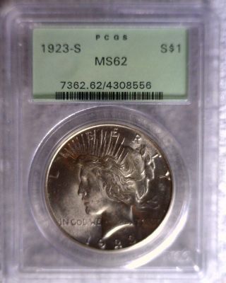 1923 - S Peace Silver Dollar Graded Pcgs Ogh Ms62 Old Green Holder photo