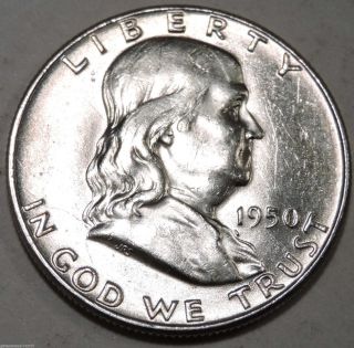 1950 P Franklin Silver Half Dollar Brilliant White Coin With Great Bell Lines photo