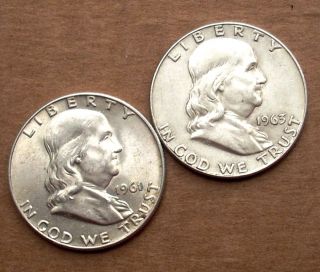 Two Silver Franklins: 1961 - D & 1963 - D Both Grade Au / Originals,  Shipped photo