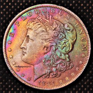 1884 O Morgan Silver Dollar Rainbow Toned Cartwheel Luster Xf,  /au photo