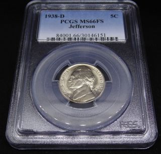 1938 D Jefferson Nickel Gem,  Unc Pcgs Ms 66fs Full Steps Coin (151) photo