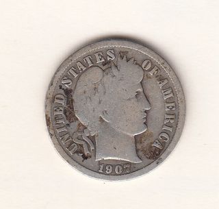 Us 1907 - P Barber Dime 10 Cent 90 Silver Id A507 photo