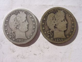 2 Barber Quarters 1911 & 1915,  Circulated. photo