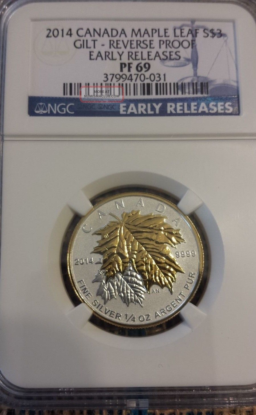 2014 NGC PF69 $4 CANADA SILVER MAPLE LEAF GOLD GILT REVERSE PROOF