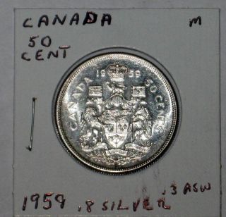 Vintage 1959 Canada 50 Cent Coin;.  8 Silver.  3 Asw (m) photo