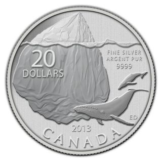 Canada 2013 $20 For $20 0.  9999 Pure Fine Silver Coin - Iceberg And Whale photo
