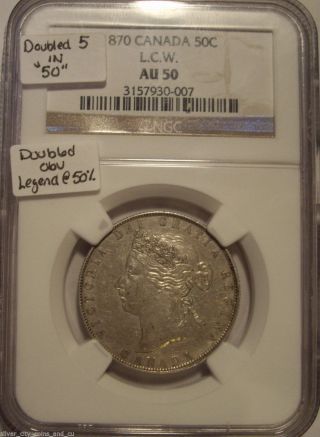 Canada Victoria 1870 Lcw Doubled 5 & Legend Silver Fifty Cents - Ngc Au - 50 photo