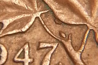 Error Coin 1947ml Extra Metal Under Leaves George Vi Canada Penny K386 photo