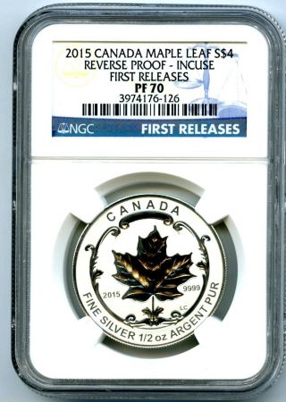2015 $4 Canada Silver Maple Leaf Ngc Pf70 Incuse Reverse Proof 1/2 Oz Fr photo