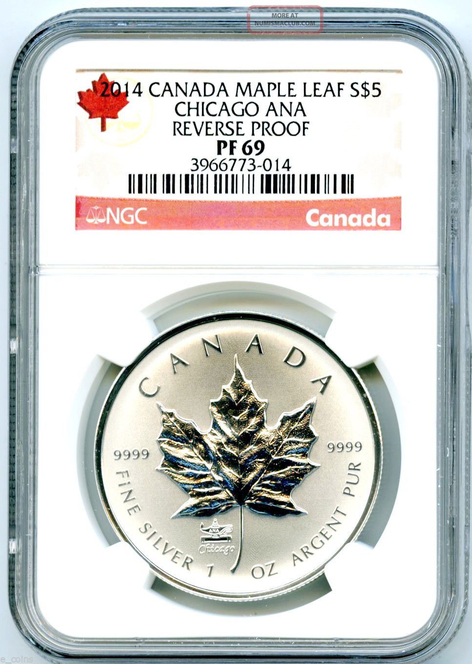 2014 $5 Canada Silver Chicago Ana Ngc Pf69 Reverse Proof 1 Oz Maple Leaf Scarce Coins: Canada photo