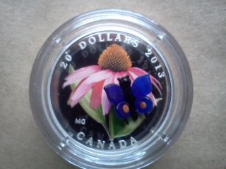 2013 $20 Purple Coneflower With Venetian Glass Butterfly 1 Oz Silver Coin photo