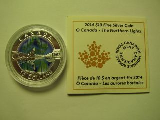 2014 Proof $10 O Canada 9 - Northern Lights Colour.  9999 Silver Ten Dollars Coin& photo