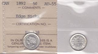 1892 Iccs Au55 5 Cents Edge Nicks Canada Five Silver Fishscale photo