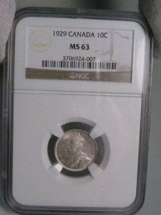 Bu 1929 Silver Canadian 10 Cent Coin.  Canada.  Certified Ngc Ms63. photo