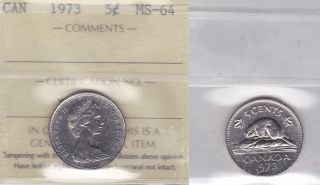 1973 Iccs Ms64 5 Cents (struck Through Grease?) Canada Five Nickel photo