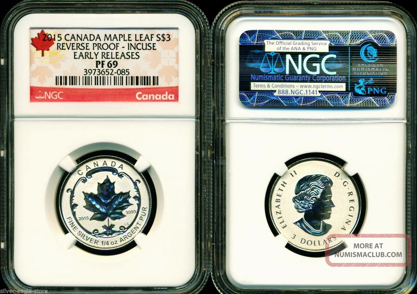 2015 $3 Canada Silver Maple Leaf Incuse Ngc Pf69 Ucam Reverse Proof 1/4 Oz Pr69 Coins: Canada photo