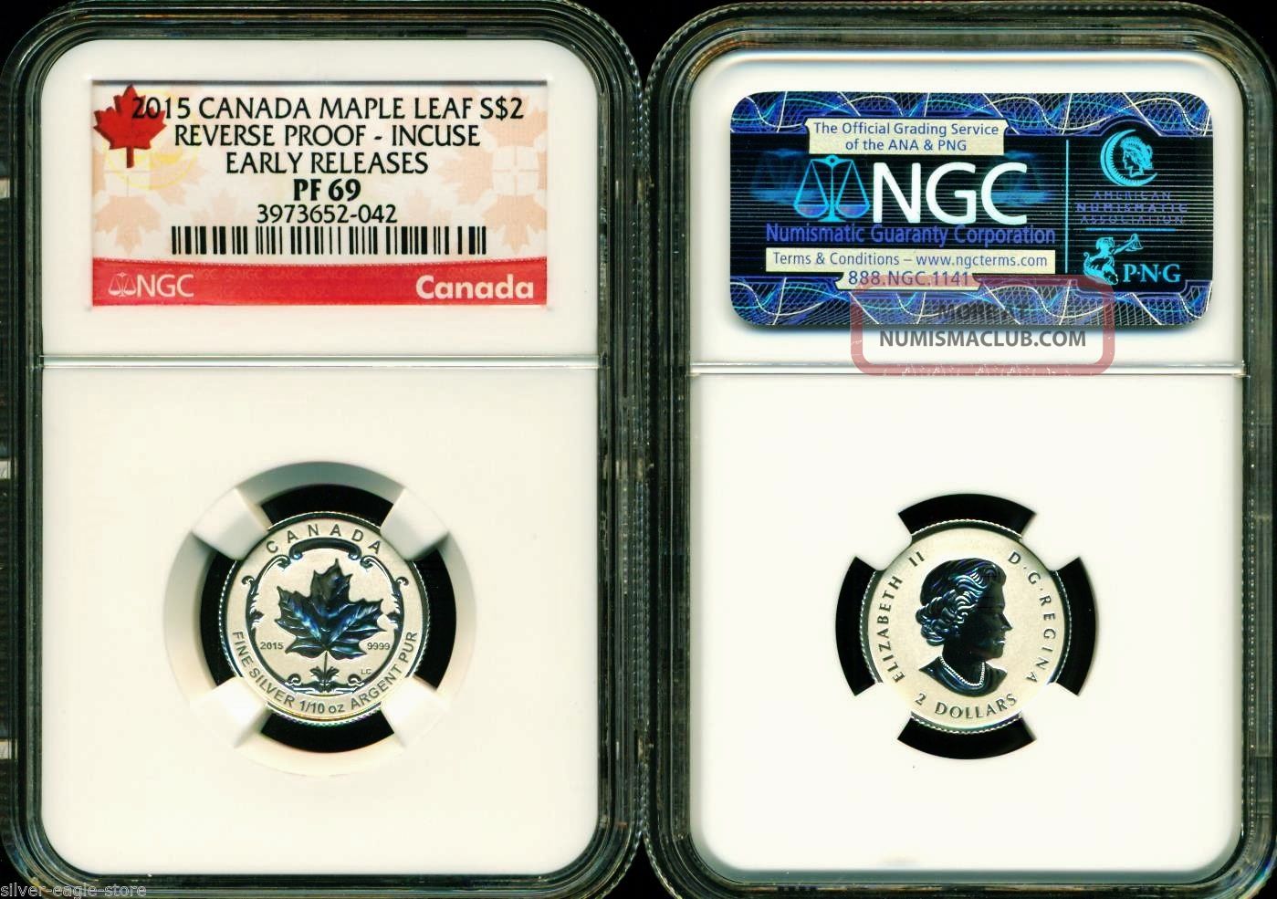 2015 $2 Canada Silver Maple Leaf Incuse Ngc Pf69 Ucam Reverse Proof 1/10 Oz Pr69 Coins: Canada photo