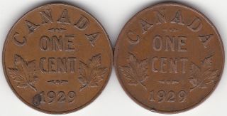 2 X 1929 Canada 1c Coin - High 9 & Regular 9 photo